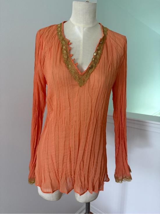 Cache Tops - Cache Orange Crinkled V-Neck Tunic with Gold Trim